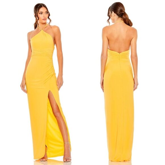 MAC DUGGAL Halter Neck Rouched Side Front Slit Gown in Marigold Size Medium - Picture 1 of 13